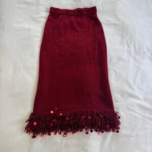 Burgundy sequin fringe wool midi skirt
